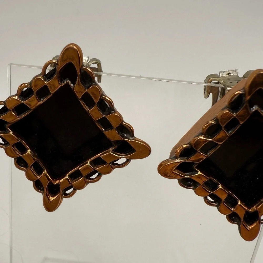 Vintage Renoir Ebony Lace Shadow Box Copper & Black Clip-On Earrings